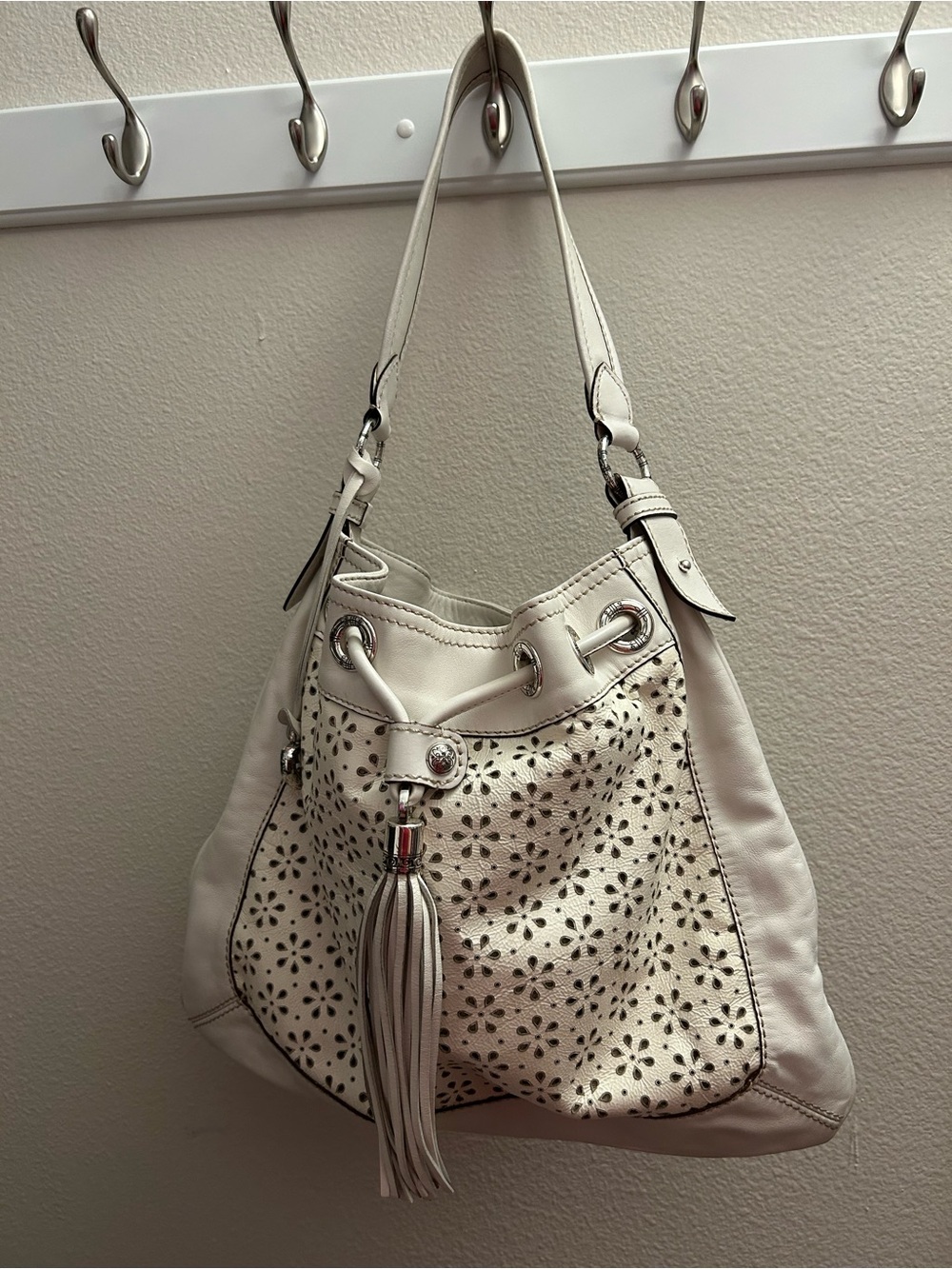 Brighton White Laser-Cut Tassel Shoulder Hobo Bag